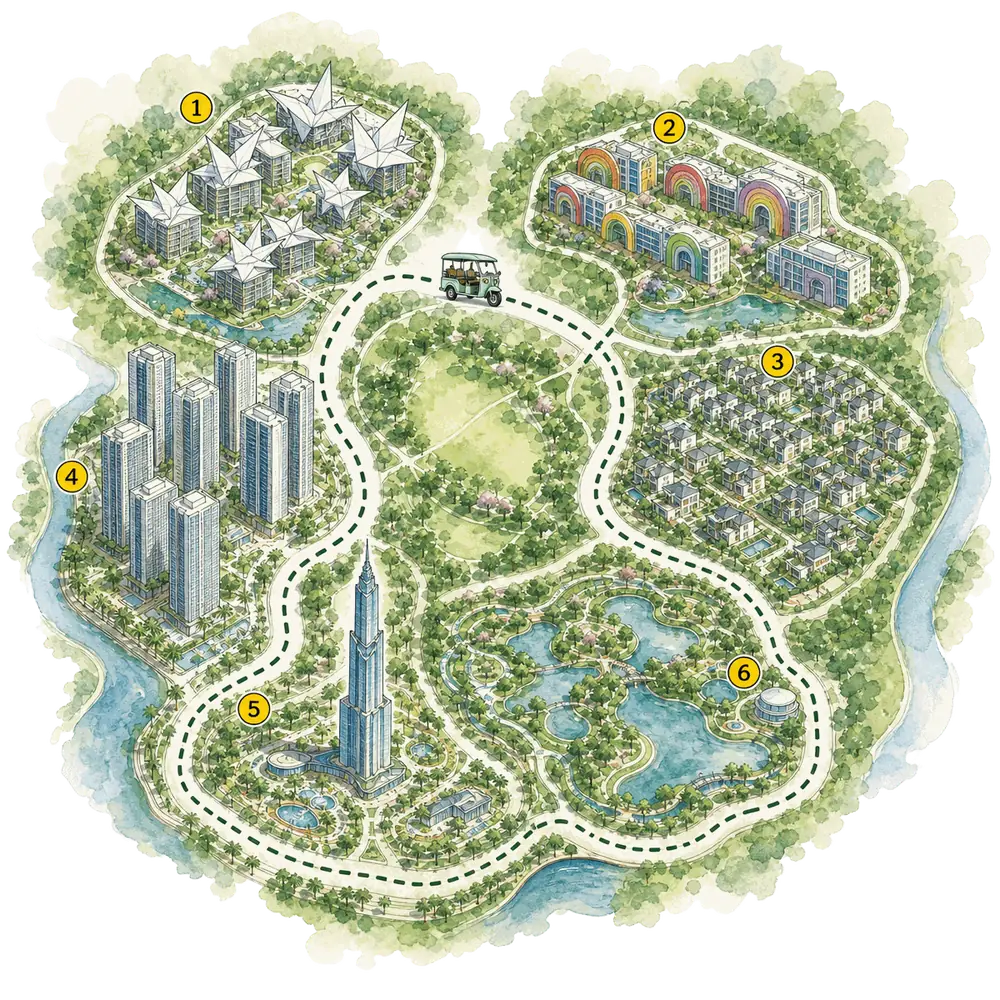 Bản đồ minh hoạ nội khu Vinhomes Grand Park với các phân khu và tuyến tuk-tuk
